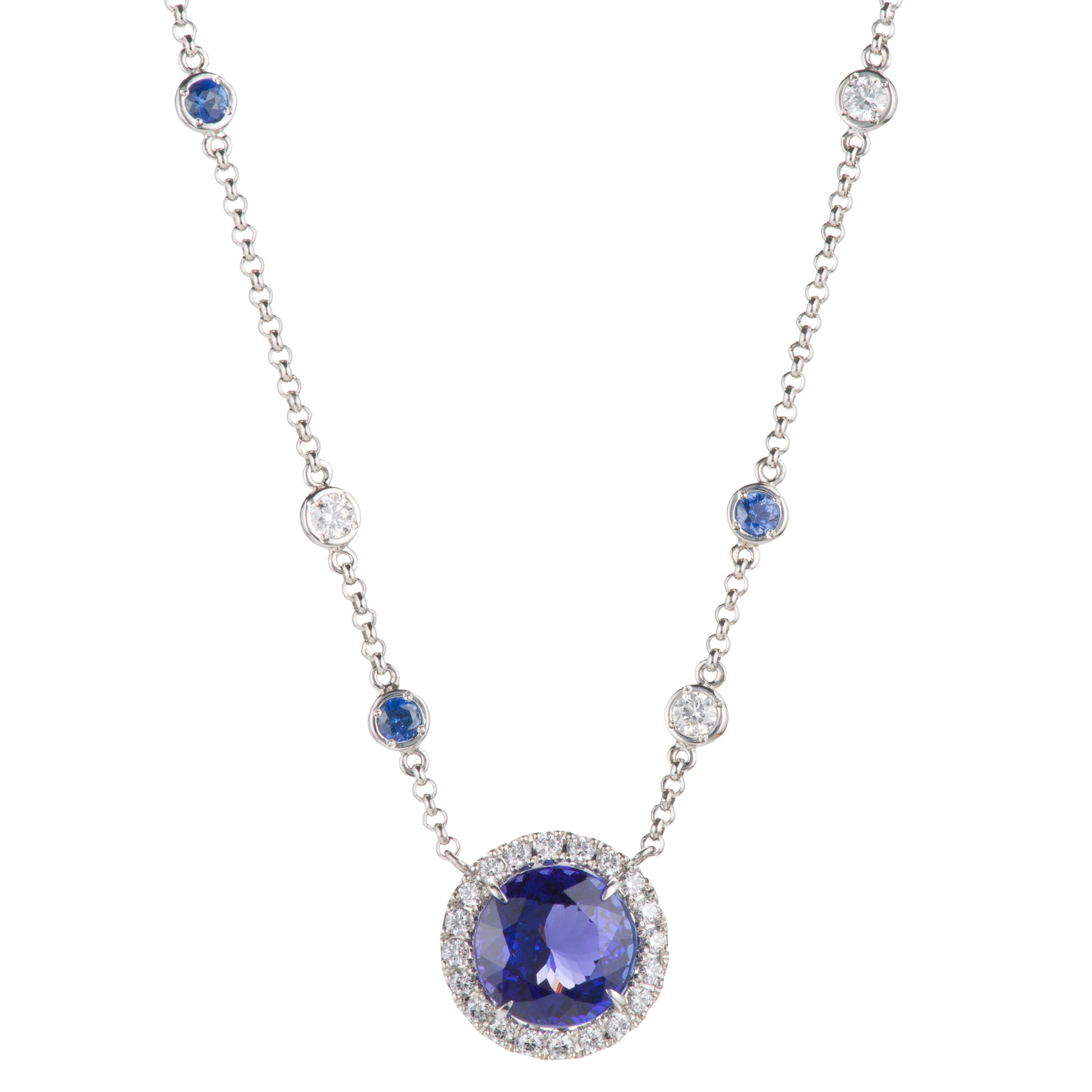 ハロー タンザナイトxサファイアxダイヤモンド プラチナペンダントネックレス (Ta: 5.07ct S: 0.50ct D: 0.60ct Pt950/850)