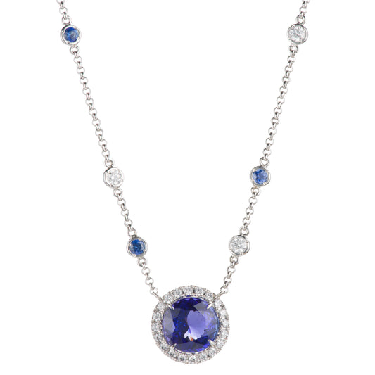 ハロー タンザナイトxサファイアxダイヤモンド プラチナペンダントネックレス (Ta: 5.07ct S: 0.50ct D: 0.60ct Pt950/850)