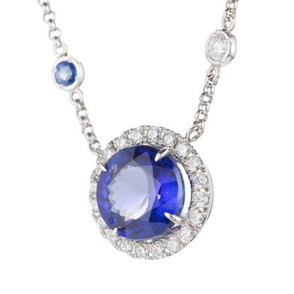 ハロー タンザナイトxサファイアxダイヤモンド プラチナペンダントネックレス (Ta: 5.07ct S: 0.50ct D: 0.60ct Pt950/850)