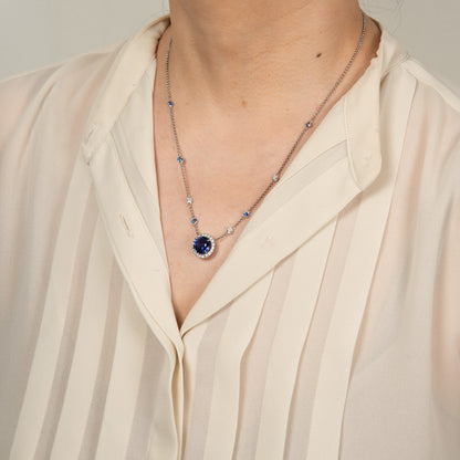 ハロー タンザナイトxサファイアxダイヤモンド プラチナペンダントネックレス (Ta: 5.07ct S: 0.50ct D: 0.60ct Pt950/850)