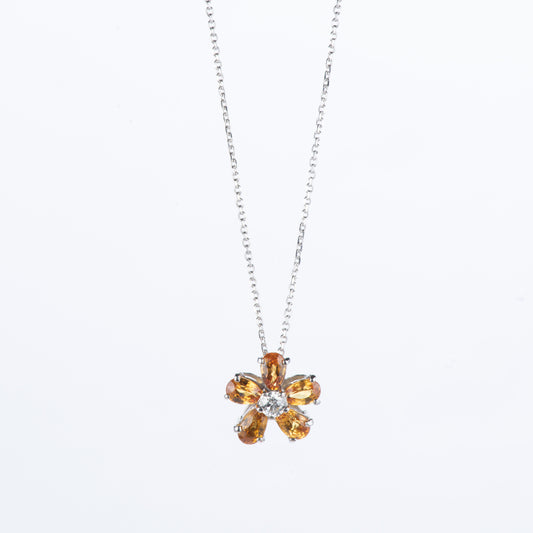 ホワイトゴールド製 ブルームイエローサファイア YS1.52ct D0.11ct K18WG ダイヤモンドペンダントネックレス フラワー型