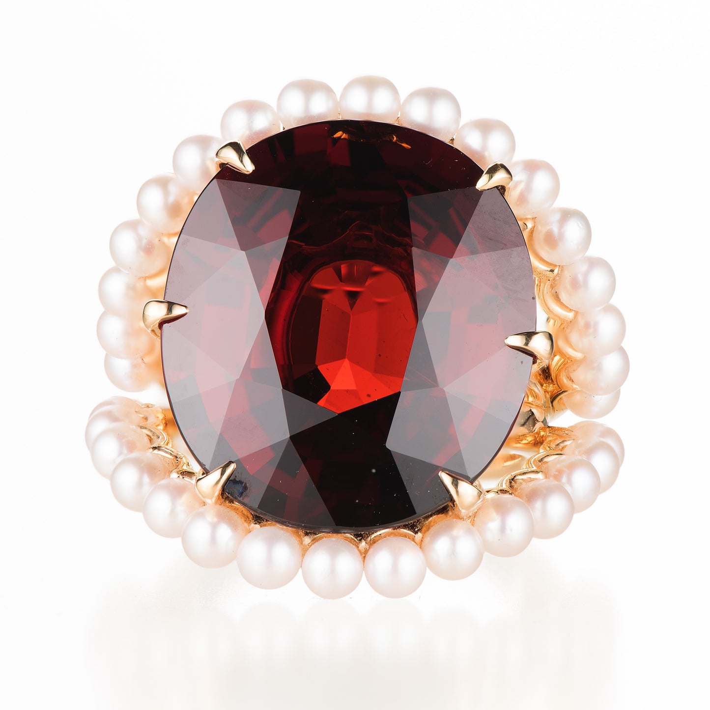 正面　スぺサルティンガーネット x アコヤベビーパールイエローゴールドリング (SG: 33.06ct AP:34p K18YG)
