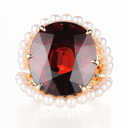正面　スぺサルティンガーネット x アコヤベビーパールイエローゴールドリング (SG: 33.06ct AP:34p K18YG)