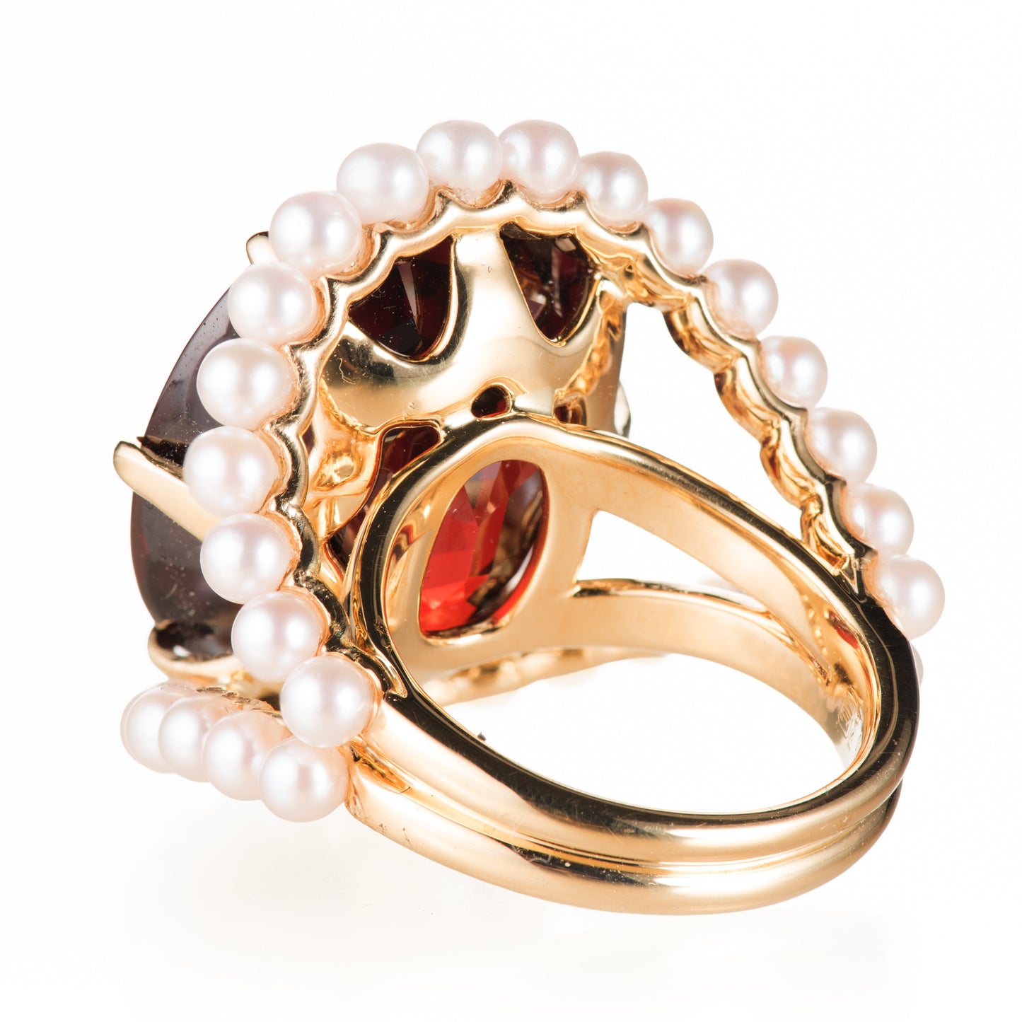 底面　スぺサルティンガーネット x アコヤベビーパールイエローゴールドリング (SG: 33.06ct AP:34p K18YG)