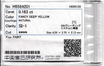0.163ct, ファンシーディープイエローダイヤモンドルース 中宝研ソーティング付き Fancy Deep Yellow, SI1, PS, CGL