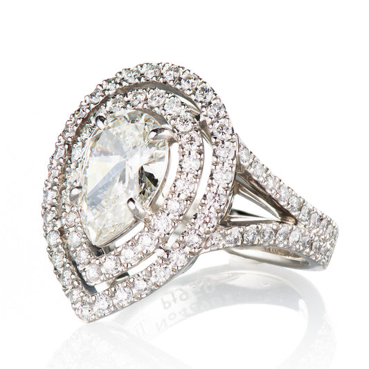 2.11ct I SI1 ペアシェイプダイヤモンダブルハローリング(2.11ct I SI1 / 1.12 GIA)