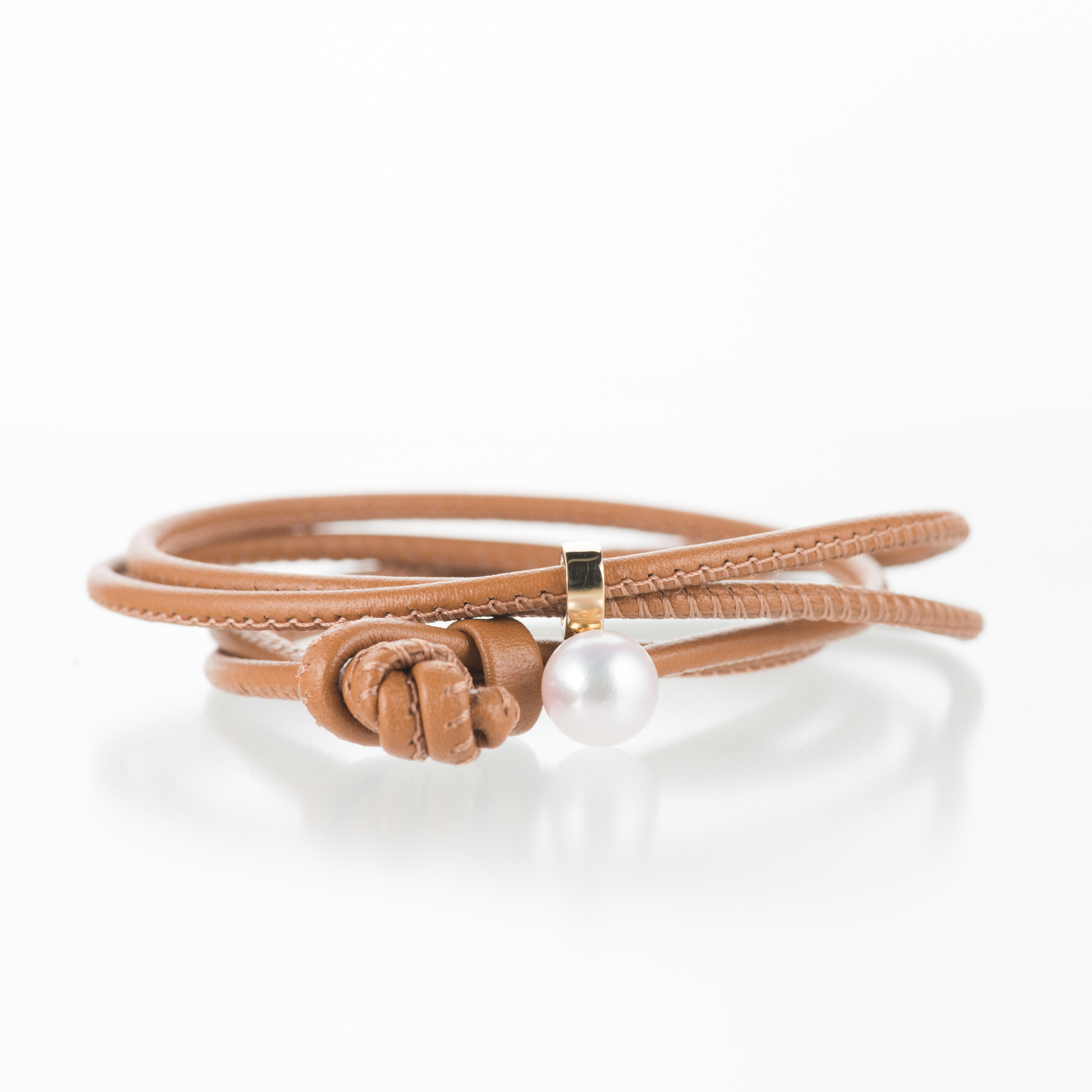 アコヤ真珠のレザーブレスレット　イエローゴールドK18YG コニャックカラー