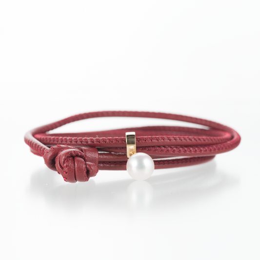 パールxレザーブレスレット イエローゴールド ボルドー