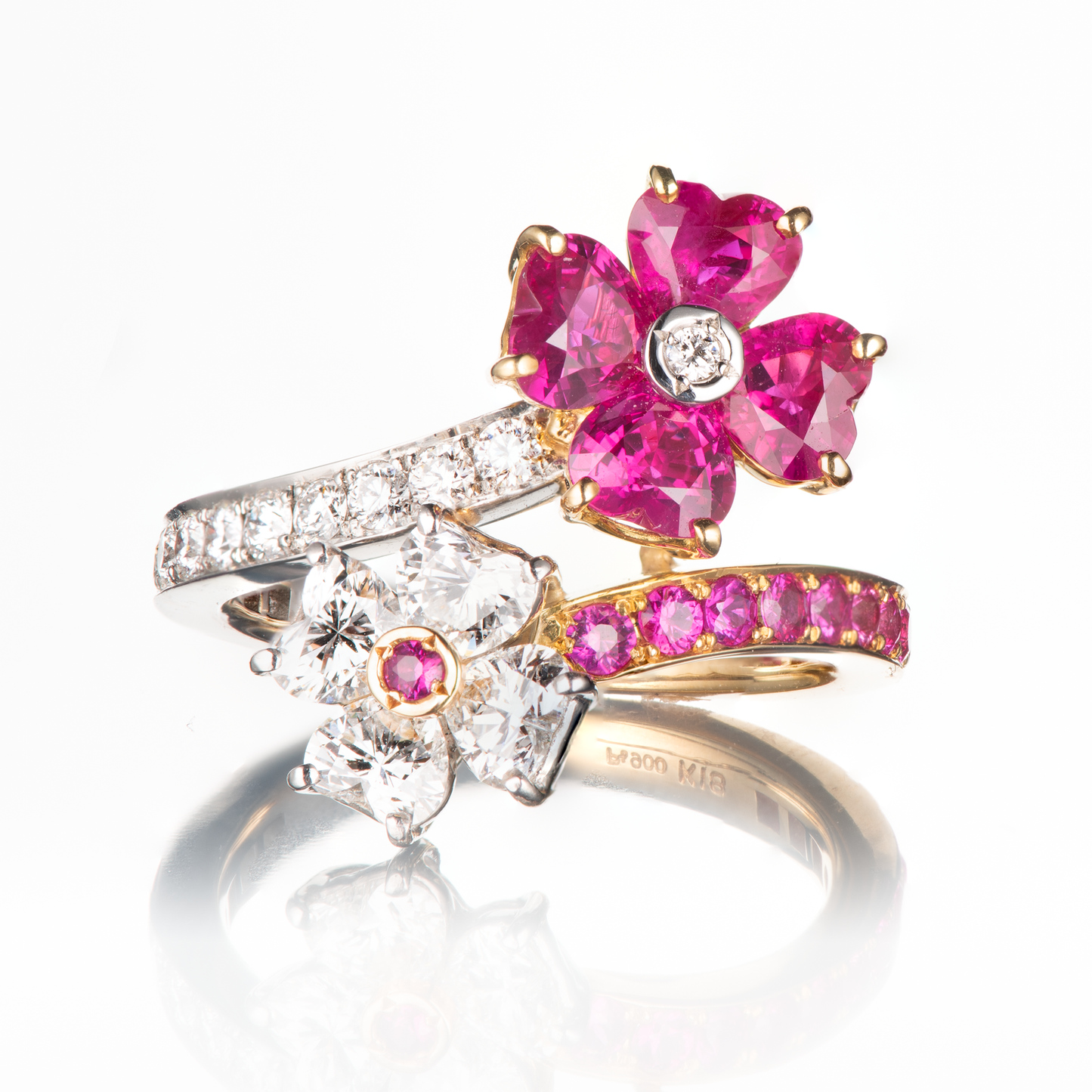 ルビーフラワーリング PT900/Y18YG R:2.19CT D:1.09CT プラチナイエローゴールド製